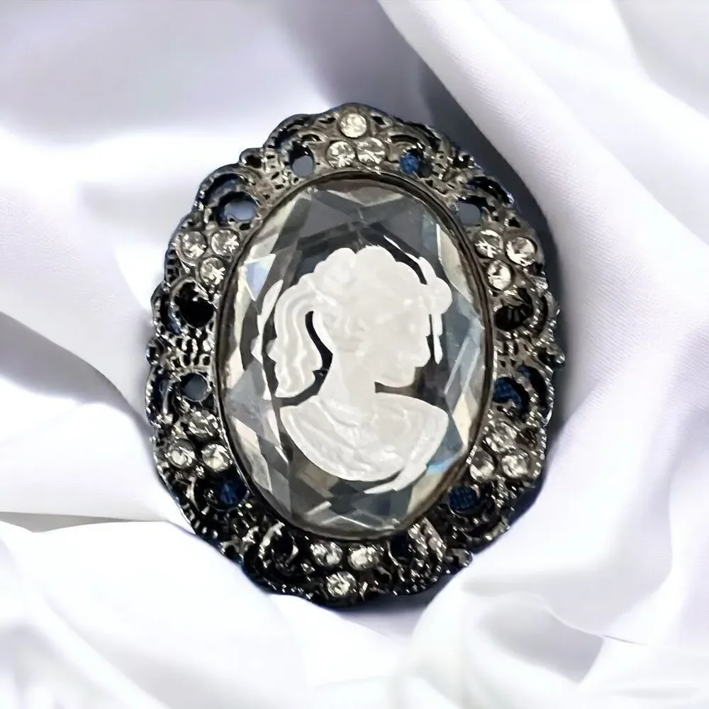 Vintage Black Metal Holographic Cameo Diamondesque Brooch‎